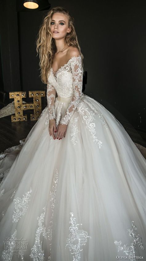 olivia bottega 2018 bridal long sleeves off rhe shoulder sweetheart neckline heavily embellished bodice princess ball gown wedding dress sheer lace button back royal train (4) mv -- Olivia Bottega 2018 Wedding Dresses Olivia Bottega, Ball Skirt, White Wedding Dress, Grace Loves Lace, Princess Wedding Dresses, Long Sleeve Wedding, Best Wedding Dresses, Wedding Dress Sleeves, Long Wedding Dresses