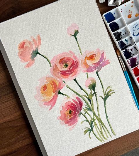 Gouache Card, How To Paint With Watercolors, Flowers Watercolor Paintings, Flower Watercolor Paintings, Watercolor Art Cute, Painting Ideas Cute, Watercolor Ranunculus, Watercolor Art Flowers, Drawing Cards