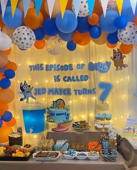 On This Episode Of Bluey Birthday, Bluey Birthday On A Budget, Bluey 7th Birthday Party Ideas, Small Bluey Birthday Party, Bluey Birthday Backdrop Ideas, 4th Birthday Bluey Theme, Bluey Summer Party, Bluey Party For Boys, Bluey Theme Birthday Party Decorations