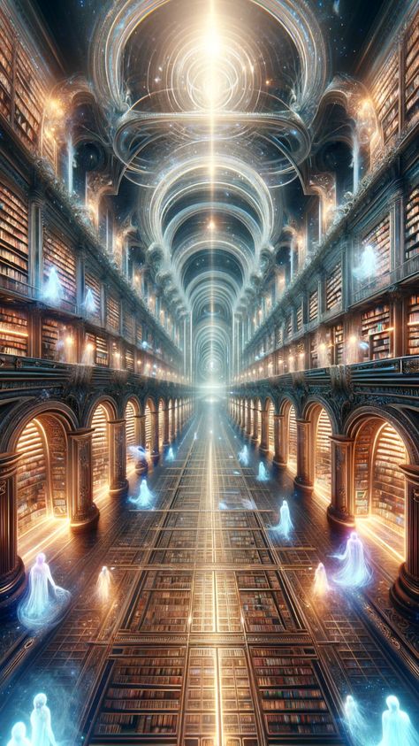 Dive into the mystical realm of the Akashic Records, the ethereal library of universal wisdom. This concept symbolizes the collection of all experiences, thoughts, and emotions, transcending time and space. Ideal for spiritual seekers, it offers insights into past, present, and future, guiding personal growth and understanding. A captivating theme for anyone fascinated by metaphysics and the deeper aspects of consciousness. Universal Consciousness Art, Akashic Records Art, Ethereal Library, Akashic Library, Magical Library, Metaphysical Art, Spiritual Realm, Magic Design, Astral Projection