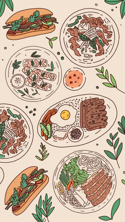 Cute Food Wallpaper, Japanese Wallpaper Iphone, Genos Wallpaper, Food Kawaii, Food Cartoon, Food Illustration Art, Cute Pastel Wallpaper, Food Wallpaper, Banh Mi