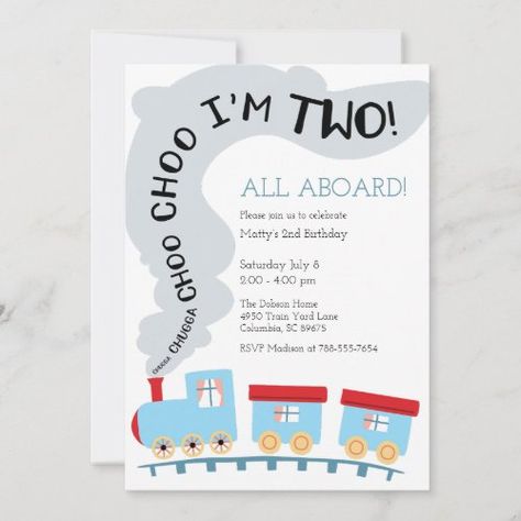 Train Birthday Invitation Train 2Nd Birthday Invitation #zazzle #weddinginvitations #birthdayinvitations #babyshowerinvitations #zazzleinvitations #monogram #businesscards #graduation #homedecor Choo Choo I’m Two, Boy Two Year Old Birthday Party, Two Year Old Birthday Party Boy Themes, Birthday Party Train Theme, Choo Choo Im Two, 2 Year Birthday Theme Boy, Two Year Old Birthday Party Boy, Train Birthday Party Cake, Train 2nd Birthday