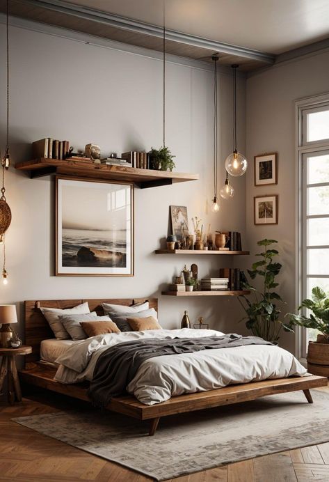 Cozy Neutral Bedroom Ideas, Condo Aesthetic, Suspended Shelf, Personalized Bedroom, Earthy Bedroom, Decor Ideas Bedroom, Inspire Me Home Decor, Shelf Display, Bedroom Retreat