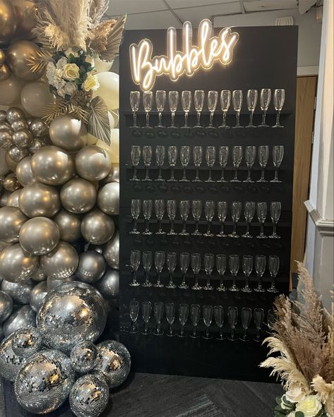 Everyone needs a bubbles wall for there party Bubbles And Bowties Theme, Bourbon And Bubbles Party Decor, Birthday Table Set Up For Men, Boujee Party, Bubble Party Theme, Launch Party Ideas, Poppin Bottles Baby, Golden Bachelor, Bling Theme