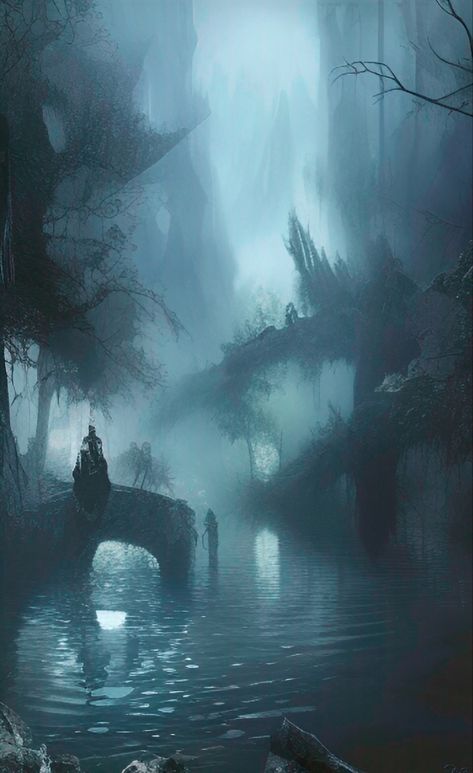 Lethe River Underworld, River Lethe Aesthetic, Mythical World Art, The Underworld Aesthetic, Lethe River, Water Fantasy World, Fantasy River Art, Underworld Fantasy Art, Greek Underworld Aesthetic