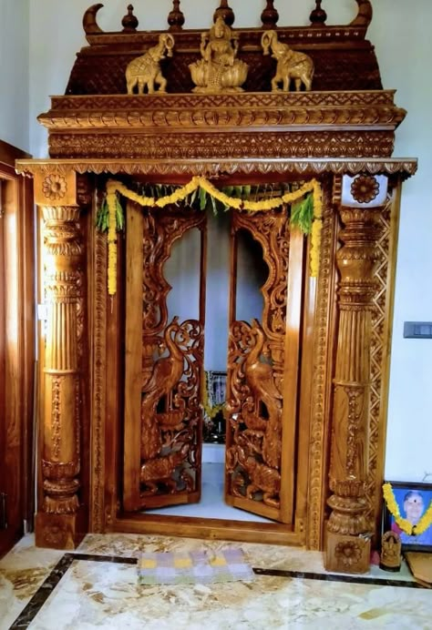 Puja Room Wooden Door Design, Pooja Door Design, House Main Door, House Front Door Design, Wooden Temple, House Main Door Design, Wooden Front Door Design, Temple Design For Home, Wooden Main Door Design