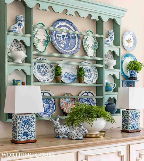 Wall Decor Around China Cabinet, How To Display Blue Willow Dishes, Displaying China Ideas, Display China Ideas, Plate Display Ideas, Green Blue Decor, Blue White Kitchens, Grandmillenial Style, Grand Millennial