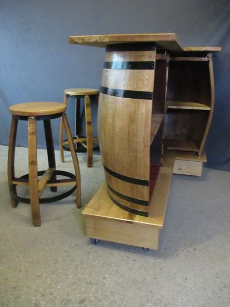 Wine Bar Furniture, Whiskey Barrel Bar, Gift Shop Interiors, Wine Barrel Crafts, Wine Barrel Bar, Juice Bar Design, Whiskey Barrel Furniture, Barrel Projects, Bar Exterior