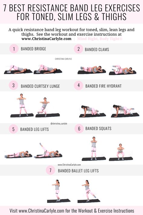 Resistance Band Exercises for Legs and thighs that make up a Complete leg workout for tight, toned legs and thighs #fitness #workout https://www.christinacarlyle.com/resistance-band-exercises-for-legs/ Band Leg Exercises, Workout With Bands, Christina Carlyle, Leg Workout With Bands, Resistance Band Workouts, Best Resistance Bands, 12 Minute Workout, Band Workouts, Band Exercises