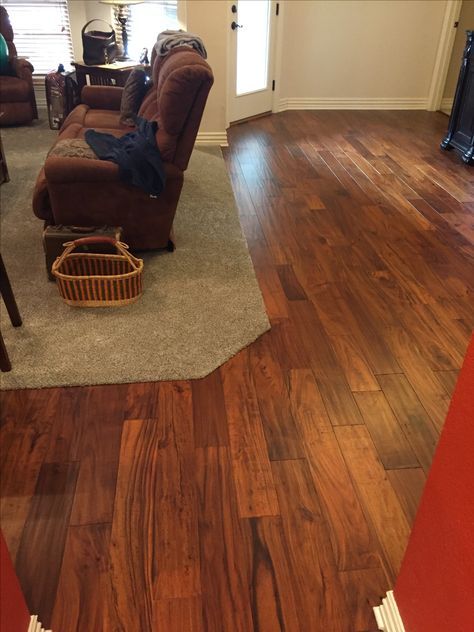 Acacia wood floor with carpet inset Upstairs Flooring Ideas, Open Plan Flooring, Carpet Inlay, Wood Floor Transition, Carpet To Tile Transition, Wood Floors Living Room, Carpet Basement, Dark Wood Floors Living Room, Tile Transition