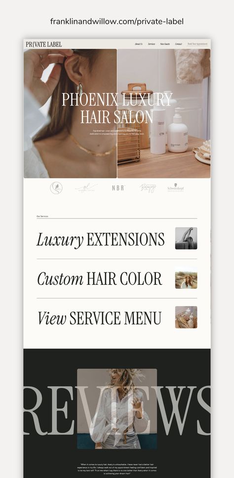 Private Label is a high-end, striking, moody Showit website template built for luxury hair stylists and salons specializing in hair extensions and custom color services. It's easy-to-edit and will be ready to publish in a matter of days. Browse Private Label template and more easy-to-edit drag and drop Showit website templates at www.franklinandwillow.com. Hair Stylist Website Ideas, Hair Extension Branding Ideas, Hairstylist Website Design, Hairdresser Website, Hair Salon Web Design, Hair Salon Template, Hairstylist Website, Hair Website Design, Hair Salon Website Design