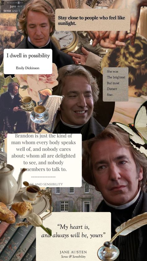 Sense and Sensibility collage Colonel Brandon, Emma Jane Austen, Sense And Sensibility, Becoming Jane, Jane Austen Books, Hugh Grant, The Force Is Strong, Alan Rickman, Quotes And Notes