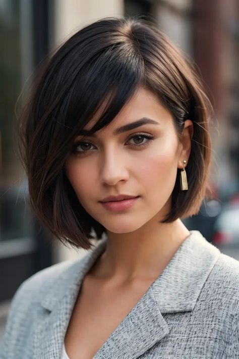 Modern Chin Length Haircuts That Will Elevate Your Look Chin Length Brunette Bob With Highlights, Triangle Bob Haircut, Sophisticated Bob Hairstyles, Classic Bob With Bangs, 2024 Hair Trends For Women Short Bob, Short Bob Hairstyles 2024 Trends, Angled Short Bob, Growing Out Bob, Side Part Bob Hairstyles