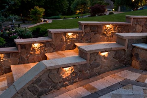 Integral Lighting - Landscape - Philadelphia - by Integral Lighting | Houzz Sloped Driveway, Retaining Wall Lighting, Floating Furniture, Small Retaining Wall, Beautiful Driveways, Driveway Ideas, Paver Designs, Pool Landscape, Front Garden Design