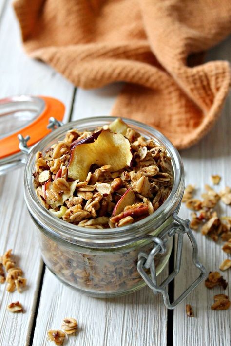 Warm spices, pecan bits and dried apple add a hint of seasonal flavor that will quickly make this Spiced Apple Pecan Granola your preferred fall snack! Fall Granola, Apple Granola, Pecan Granola, Spiced Pecans, Fall Snacks, Dried Apples, Granola Recipes, Spiced Apples, Breakfast Brunch Recipes