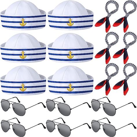 Amazon.com: Hercicy 18 Pieces Sailor Costume Accessories Sailor Hat and Scarf Sunglasses Navy Blue with White Nautical Cap Satin Scarf Polarized Sunglasses for Women Men Costume Accessory Dressing up Party : Clothing, Shoes & Jewelry Sailor Hats, Scarf Sunglasses, Sailor Captain, Pilot Glasses, Sailor Costume, Teen Dress, Navy Sailor, Sailor Hat, Satin Scarf