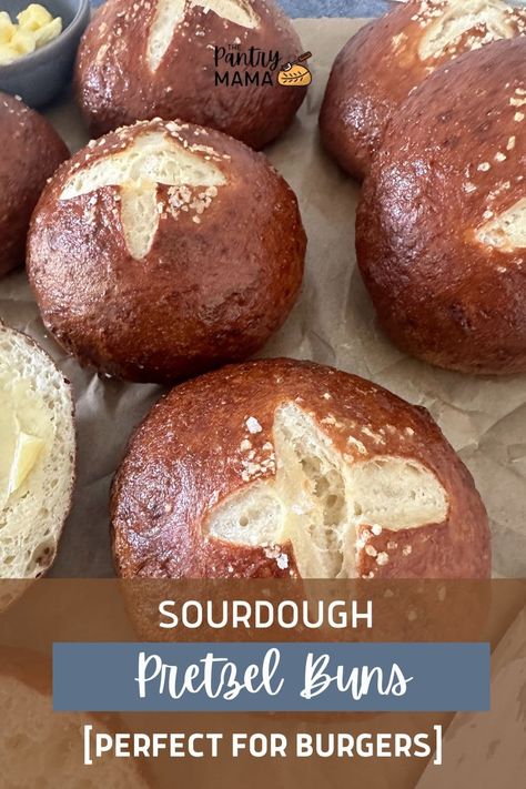 Sourdough pretzel buns with a golden chewy crust dusted in flaky salt. Use active sourdough starter to create these sourdough pretzel rolls. Pretzel Buns Recipe, Pretzel Bun Recipe, Sourdough Pretzel, Active Sourdough Starter, Pretzel Buns, Recipe Using Sourdough Starter, Discard Recipe, Pretzel Rolls, Pretzel Bun