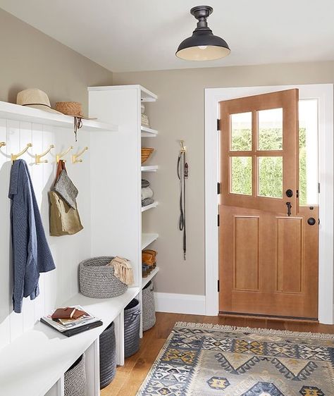 Cabin Mudroom, Cottage Mudroom, Ikea Deco, Dutch Doors Exterior, Modern And Rustic Decor, Retro Ceiling Lights, Exterior Lights, Mudroom Entryway, Mudroom Decor