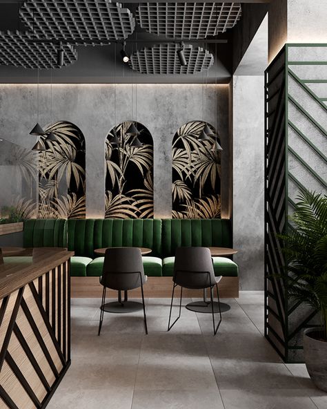 Brutalist Restaurant Interior, Modern Restaurant Bar Design, Brutalist Bar Design, Tropical Style Restaurant, Concrete Restaurant Design, Tropical Restaurant Design Interiors, Ceiling Cafe Design, Tropical Theme Interior Design, Botanical Bar Design