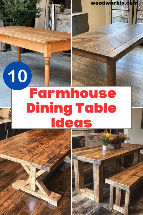 Looking to add charm to your dining room? Discover stunning farmhouse dining table designs that blend rustic and modern styles. Click for inspiration! #FarmhouseTable #DiningRoomDecor #DIYProjects #HomeImprovement #Woodworking Rustic Farmhouse Dining Table Set, Farmhouse Rectangle Dining Table, Rustic Farmhouse Dining Room Table, Diy Dining Room Table Makeover Farmhouse Style, Butcher Block Farmhouse Table, Dining Room Table Designs, Dining Room Table Diy How To Build, Modern Farmhouse Dining Room Tables, Making Dining Table