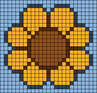 Sunflower Grid Pattern, Sunflower Pixel Art Grid, Pixel Bee Art, Flower Pixel Grid, Small Flower Pixel Art, Sunflower Alpha Pattern, Sunflower Perler Bead Patterns, Sunflower Pixel Art, Small Tapestry Crochet Pattern