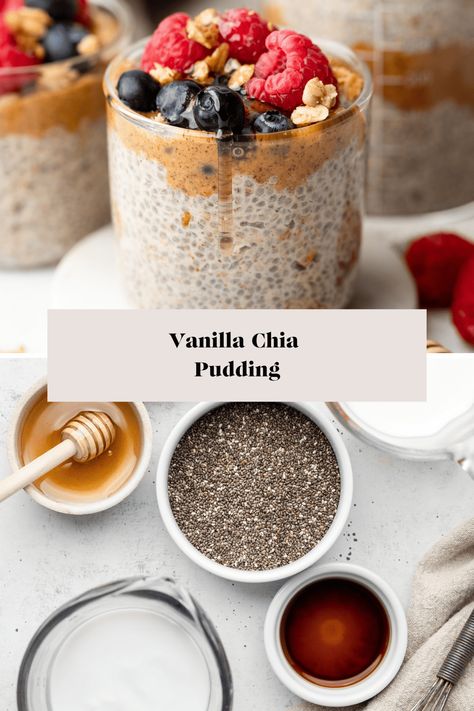 This delicious Vanilla Chia Pudding is rich, creamy, and so easy to make. This gluten and dairy free pudding is perfect for a quick breakfast, snack, or treat. Try topping it with your favorite fruit, granola, and nut butter! Dairy Free Pudding, Vanilla Chia Seed Pudding, Chia Pudding Breakfast, Fruit Granola, Vanilla Chia Pudding, Chia Seed Recipes Pudding, Baked Oatmeal Cups, Meal Prep Snacks, Chia Pudding Recipes