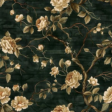 Dark Green Room Wallpaper, Vintage Plant Wallpaper, Vintage Wallpaper Home Decor, Antique Floral Wallpaper, Dark Green And Beige Aesthetic, Dark Green Flower Wallpaper, Vintage Plant Aesthetic Wallpaper, Green Vintage Room, Vintage Wallpaper Patterns Victorian