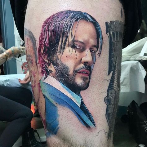 Portrait tattoo of Keanu Reeves as John Wick by David Corden John Wick Tattoo, Colour Portrait, Chakra Tattoo, Gamer Tattoos, Edinburgh Uk, Black Art Tattoo, Movie Tattoos, Fusion Ink, Realism Tattoo