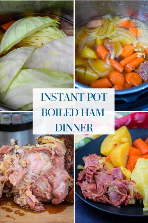 Making a boiled ham dinner with leftover ham in the Instant Pot in under an hour! This budget-friendly is made with cabbage, carrots, potatoes, and ham broth. #hamrecipes #easyrecipe #instantpot #cabbage #potatoes #leftoverhamrecipes #HHrecipes Boiled Ham Dinner, Ham Boiled Dinner, Ham In The Instant Pot, Ham And Cabbage Recipe, Ham Broth, Dinner Cabbage, Instant Pot Ham Recipe, Recipes With Cooked Ham, New England Boiled Dinner