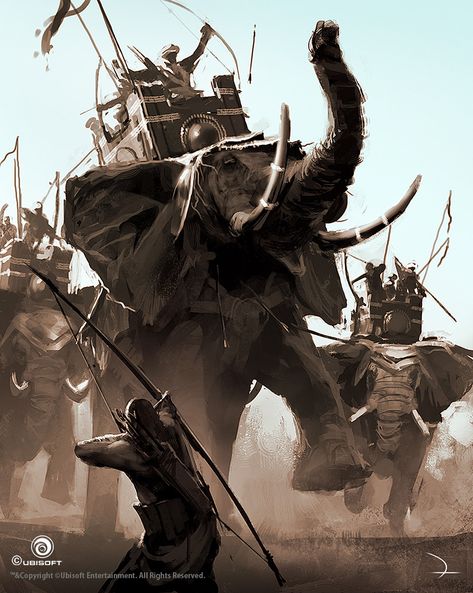 Armored Elephant, Fantasy Battle Scene, Martin Deschambault, Scene Concept Art, Assassin's Creed Origins, Assassins Creed Origins, Battle Scene, Abstract Expressionist Art, Elephant Illustration