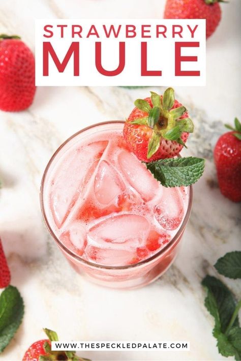 Sweet and a little tart, this Strawberry Moscow Mule recipe is a twist on the classic cocktail! Whether you're mixing up a drink for yourself or for a crowd at a gathering, these warm weather mules are a wonderful, unique option. #mixeddrink #speckledpalate Strawberry Moscow Mule, Tart Strawberry, Baked Coconut Shrimp, Springtime Recipes, Moscow Mules, Moscow Mule Recipe, Whipped Goat Cheese, Easy To Make Breakfast, Spring Dishes