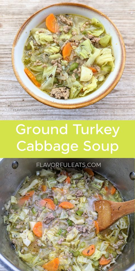 Ground Turkey Cabbage Soup is a delicious, veggie-packed soup filled with good-for-you ingredients!  Lean ground turkey, cabbage, and plenty of other fresh vegetables, all in a super flavorful broth make this easy, one-pot recipe a family favorite! Purple Cabbage Ground Turkey, Turkey Cabbage Soup Healthy, Ground Turkey And Cabbage Soup, Cabbage Soup With Ground Turkey, Ground Turkey Cabbage Soup, Ground Turkey Cabbage Recipes, Ground Turkey And Cabbage Recipes, Cabbage Healthy Recipes, Turkey Cabbage Soup