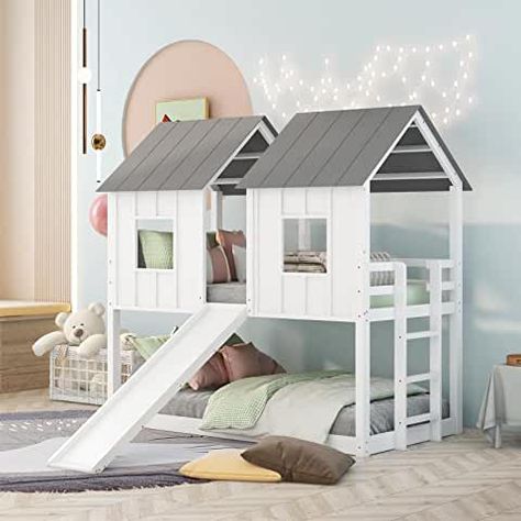 Amazon.com: bunk bed with slide: Home & Kitchen Bunk Beds With Slides, Tree House Bunk Bed, Unique Bunk Beds, Trundle Bed Kids, Kids Daybed, Bunk Beds Boys, Toddler Bunk Beds, House Bunk Bed, Bunk Bed With Slide