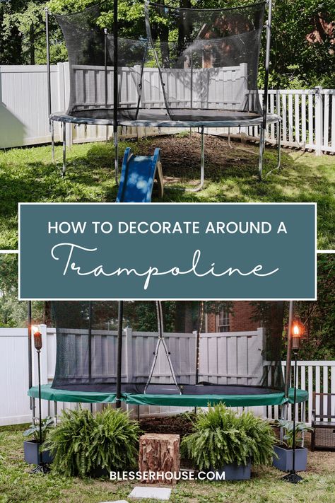 Small Backyard Trampoline Ideas, Playset And Trampoline Landscaping, Backyard Kids Play Area Trampoline, Trampoline Play Area, Trampoline Landscaping Ideas, Landscaping Under Trampoline Ideas, Trampoline Backyard Landscaping, Trampoline Ideas Backyard, Small Backyard With Trampoline