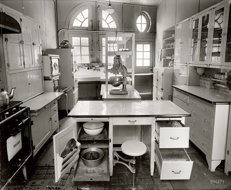 Modern Kitchen: 1924 Washington, D.C., circa 1924. "1734 N St. kitchen." The Dupont Circle address is longtime home of the Iron Gate Inn. Harris & Ewing glass neg. Cream And White Kitchen, 1920 Kitchen, 1920s Kitchen, Old Fashioned Kitchen, 1920s House, Regal Design, Kitchen Stand, Antique Kitchen, Old Kitchen