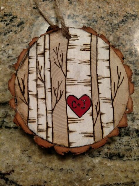 Rustic birch trees with heart wood burned Christmas ornament Wood Burning Christmas, Wood Burned Christmas, Tre Kunst, Wood Slice Art, Wood Slice Crafts, Heart Wood, Wood Burning Crafts, Christmas Ornaments Diy, Wood Burning Patterns