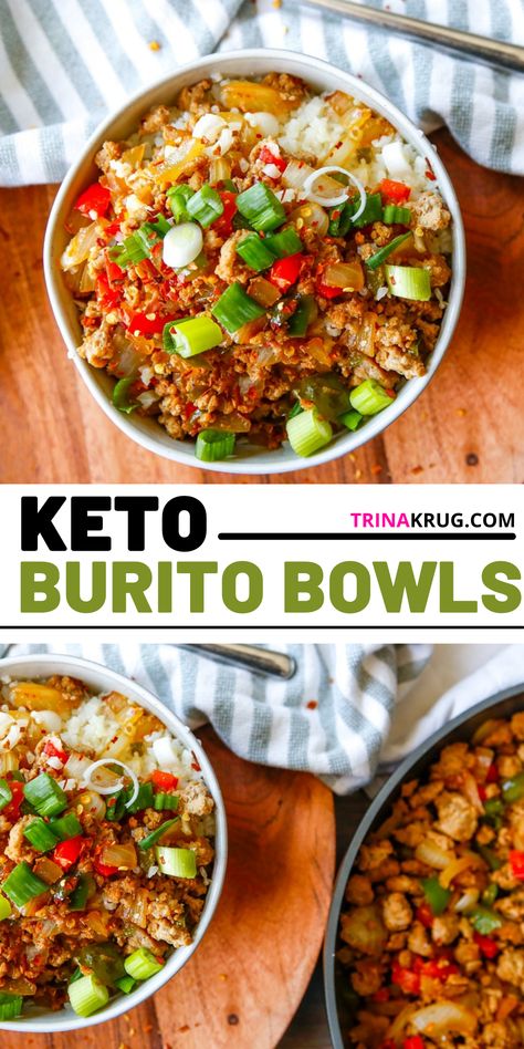 Drop the high carb tortilla and make these delicious keto burrito bowls! Filled with meat and veggies. Get creative with the toppings and make something for everyone! Keto Burittos Bowls, Keto Egg Burrito, Low Carb Mexican Bowl, Keto Burrito Bowl Ground Beef, Keto Lunch Bowls, Keto Wet Burrito Recipe, Keto Taco Bowl Low Carb, High Protein Low Carb Taco Bowl, Keto Protein Bowls