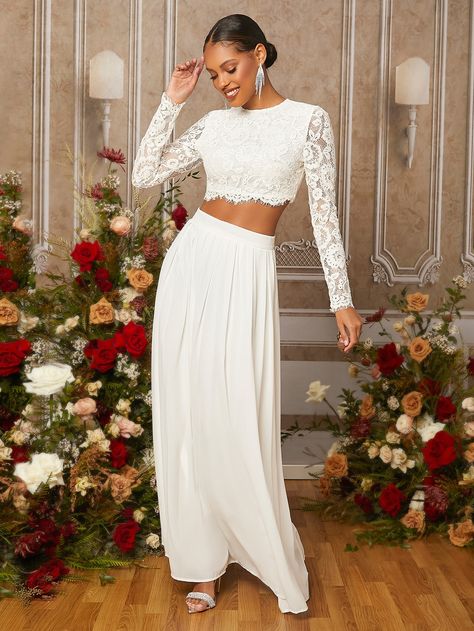 Long Sleeve Lace Crop Top, White Skirt And Top, Crop Top Blanco, Long Skirt And Top, White Long Sleeve Crop Top, White Lace Shirt, Lace Top Long Sleeve, Crop Top Skirt, White Lace Top