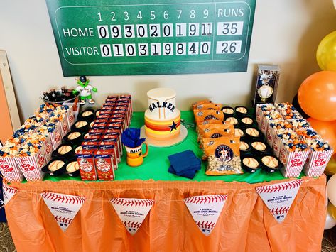 Astros Baseball Themed Party Astros Cake Houston Astros Take me out to the ballgame balloon garland orange blue white decor retirement party MLB party scoreboard Facebook.com/BeautifulEventsCo Astros 1st Birthday Party, Houston Astros Birthday Party Ideas, Astros Centerpieces, Houston Astros Decor, Astros Theme Party, Houston Astros Party Ideas, Astros Birthday Party Ideas, Astros Baby Shower Theme, Astros Party Ideas