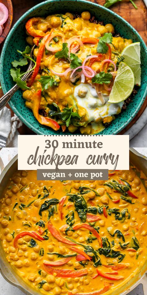 This 30 Minute Vegan Chickpea Curry is a healthy weeknight meal that's also perfect for meal prep. It's rich in protein and fiber, as well as immune-boosting antioxidants. #vegandinner #curry #chickpearecipes via @https://www.pinterest.com/jamievespa/ Chickpea Curry Soup, Legume Recipes, Quinoa Curry, Cleaning Eating, Nutritious Dinner, Vegan Chickpea Curry, Serve Over Rice, Vegetarian Mains, Vegan Chickpea