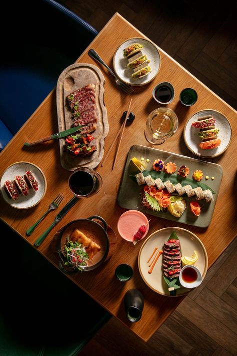 Japanese Fusion Food, Fusion Food Photography, Japanese Peruvian Cuisine, Japanese Mexican Fusion Food, Asian Fusion Food Photography, Asian Restaurant, Sushi Table, Sushi Restaurant, Japanese Restaurant Photography