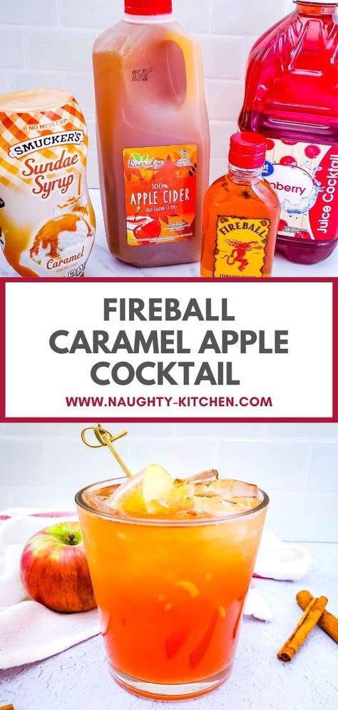 Fireball whiskey caramel apple cocktail Apple Cider And Fireball Drink, Fireball Apple Cider, Fireball Drinks Recipes, Caramel Apple Shots, Caramel Apple Cocktail, Fall Drinks Alcohol, Fireball Cocktails, Fireball Recipes, Fireball Drinks