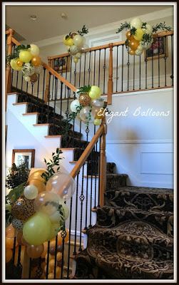 Stair Rail Balloon Garland, Stairway Balloon Decoration, Balloons On Banister, Railing Decorations Party, Balloons On Stair Rail, Balloon Railing, Staircase Balloon Decoration, Stair Railing Balloon Garland, Stairs Balloon Decoration