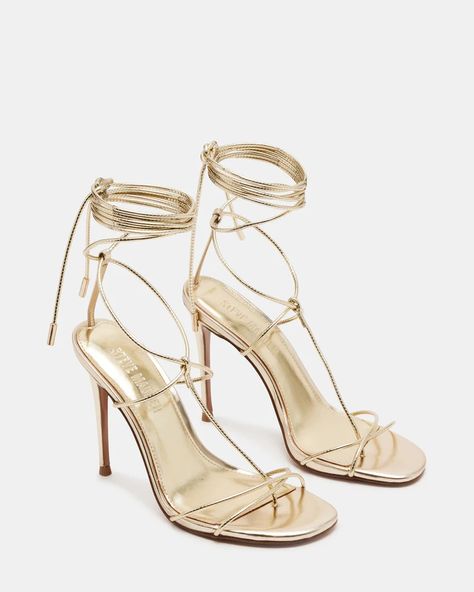 TEMPTATION Gold Strappy Lace-Up Stiletto Heel | Women's Heels – Steve Madden Elegant Strapped Heels For Date Night, Luxury Ankle Wrap Heels For Formal Occasions, Luxury Fitted Strappy Heels, Glamorous Ankle Tie Heels For Formal Occasions, Glamorous Ankle Tie Heels For Formal Events, Elegant Fitted Ankle Wrap Heels, Luxury Strapped Heels For Formal Occasions, Champagne Heels, Resale Clothing