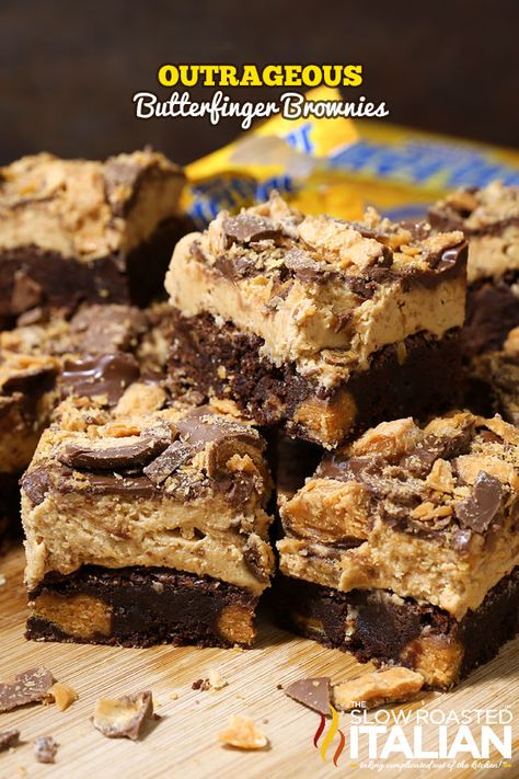 OUTRAGEOUS BUTTERFINGER BROWNIE - Yes. Just YES!!! A rich, chocolate, fudgy brownie bursting with Butterfingers is topped with Butterfinger frosting, milk chocolate and more Butterfingers. Butterfinger Brownies, Outrageous Brownies, Carmelitas Recipe, Desserts Brownies, Butterfinger Candy, The Slow Roasted Italian, Baking Fun, Chocolate And Peanut Butter, Butter Fudge