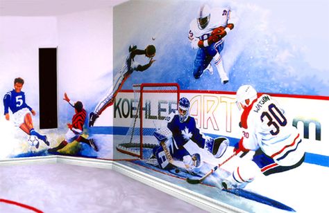 Koehler Art Studio Gallery Sports Mural, Backyard Hockey Rink, Sports Room Boys, Hockey Room, Sports Wall Decor, Kids Room Murals, Youth Room, Photo Mural, Art Landscapes