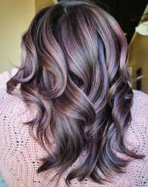 Purple Highlights For Brown Hair, Burgundy Hair With Grey Highlights, Brunette With Lavender Highlights, Violet Brown Hair With Highlights, Highlights With Purple Lowlights, Purple Hilights On Brown Hair, Mushroom Brown And Purple Hair, Multi Color Highlights For Brunettes, Fun Light Brown Hair Color Ideas