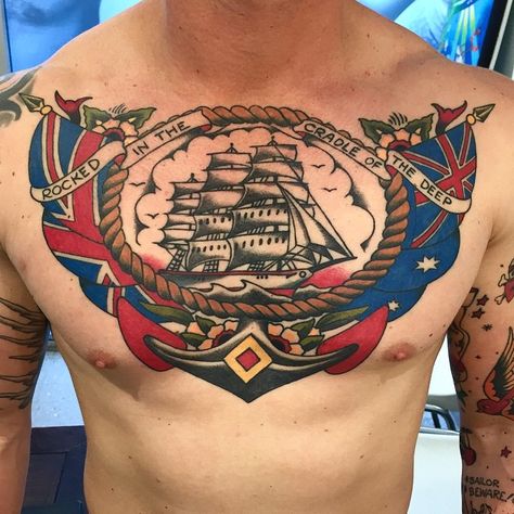 sailor Jerry’s tattoos Chest Piece Tattoo, Traditional Back Tattoo, Traditional Ship Tattoo, Traditional Chest Tattoo, Eagle Chest Tattoo, Small Traditional Tattoo, Phönix Tattoo, Traditional Tattoo Old School, Sailor Tattoos