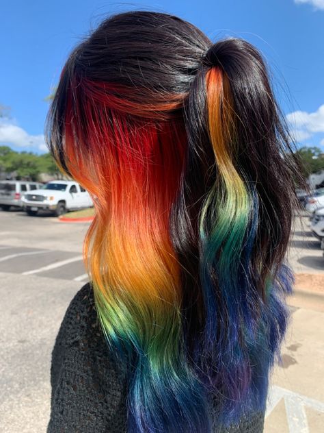 Black Hair With Rainbow Peekaboo, Rainbow Hair With Dark Roots, Rainbow Underdye Hair, Rainbow Peek A Boo Hair, Rainbow Color Blocking Hair, Brown Roots Colored Hair, Hair Color Panels, Fun Underneath Hair Color, Black Hair Rainbow Underneath