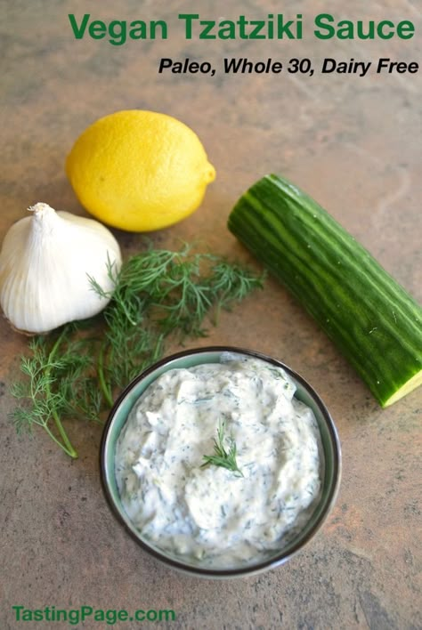 Vegan Whole 30, Vegan Tzatziki Sauce, Greek Dip, Vegan Tzatziki, Autoimmune Paleo Recipes, Tzatziki Recipes, Aip Paleo Recipes, Vegan Dip, Vegan Sauces